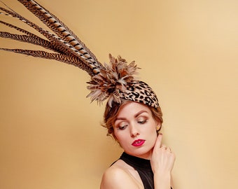 Large Leopard Pheasant Feathers Kentucky Derby Fascinator Hat, Race Party Dress Fascinator, Royal Ascot Hat