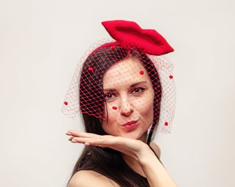 Red Lips Veil Fascinator Hat, Valentine's Day Party Fascinator, Kiss Red Veil Headband READY to SHIP