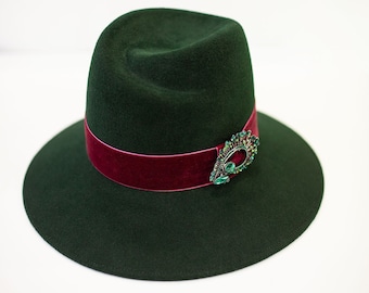 Green Velour Fedora Hat: Wide Brim Brooch, Handmade Felt Headpiece