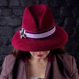 Millinery Couture Velour Women Wide Brim Fedora Hat, Burgundy Felt Hat for Women, Outfit Fedora Women, READY to SHIP in 56-57 SIZE