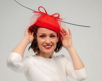 Wool Red Veil Feather Fascinator Hat, Kentucky Derby Royal Ascot PillBox Hat with Birdcage Veil, evening Dress Hat READY to SHIP