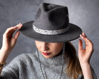 Dark Gray Velour Fedora Hat: Wide Brim Chain Accent