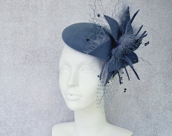 Grey/Blue Kentucky Derby Fascinator, Delicate Felt Flower  Pill Box Veil Fascinator hat, Wedding Guest Hat READY to SHIP