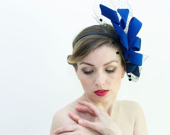 Fashion Designer Blue/Black Women Veil Fascinator Hat, Wedding Guest Fascinator, Evening Party Hair Headpiece, Derby Dress Hat READY to ship