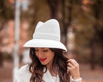 Ivory Millinery Couture Asymmetrical Crown Wide Brim Women  Felt Fedora Hat, Elegant Ledies Velour hat READY to SHIP