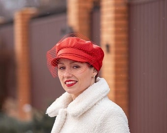 Red Veil Leather Woman Baker Boy Cap, Stylish Newsboy Cap for Woman, Elegant Ladies Baker boy Hat