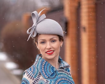 Elegant Gray Bow Felt PillBox Hat, Felt Woman Bow Fascinator Hat, Evening Dress Hat READY to SHIP