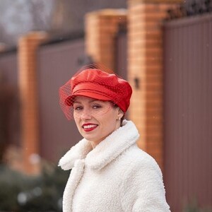 Red Faux Leather Baker Boy Cap With Veil: Stylish Newsboy  display picture 1
