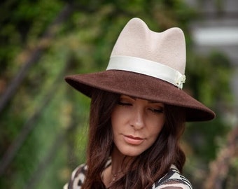 Two Tone Modern Women Wool Wide Brim Fedora Hat, Bicolour Business Ladies Stylish Hat READY to SHIP in 57 size