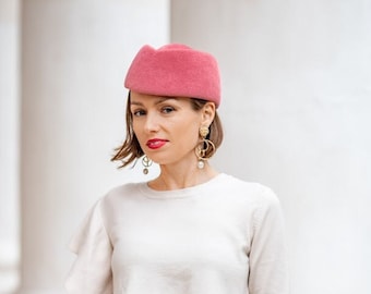 Stylish Modern Pink Women Woll Pillbox Hat, Elegant Luxury Coctail Ladies Dress PillBox Hat