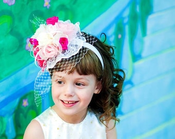 Pink Flower Girls Mini Hat Fascinator, Baby Little Girls Fascinator, Pink Flowers Girls Headpiece, Flower Girl Headband, Hair Accessories