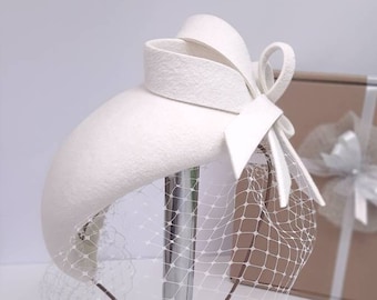 Ivory Wedding Felt Pillbox Bride Hat, Wedding Wool Veil Fascinator, Elegant Hat for Bride