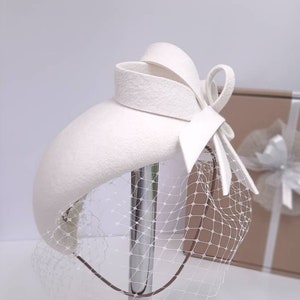 Ivory Wedding Felt Pillbox Bride Hat, Wedding Wool Veil Fascinator, Elegant Hat for Bride