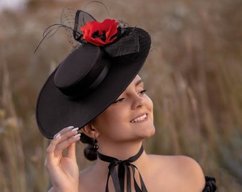 Elegant Black Veil Poppy Women Wide Brim Boater Hat, Kentucky Derby Fascinator Canotier Hat READY TO SHIP