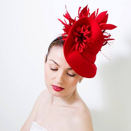 Fashion Designer Red Fascinator Hat With Birdcage Veil Etsy