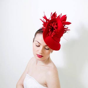 Fashion Designer Red Fascinator Hat with Birdcage Veil, Melbourne Royal Ascot Derby Fascinator Hat, evening party Dress hat READY TO SHIP