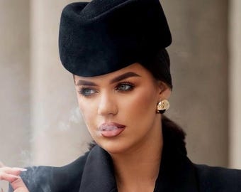 Black Felt Pillbox Hat: Handmade Couture Casual Headwear