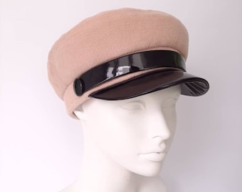 Light Peach/Beige  Wool Women Newsboy Cap with Lacquer Visor, Stylish The Baker Boy Hat, Modern Everyday Women Visor Cap