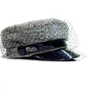 Wool Baker Boy Cap: Gray Newsboy Hat with Veil & Lacquer Visor