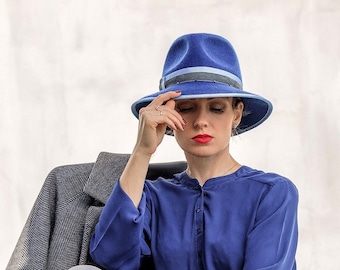 Blue Wool Fedora Hat: Wide Brim Elegant Women's Hat