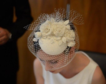 Designer Ivory Flowers Veil Pillbox Hat, Bridal Fascinator with Birdcage veil, Elegant Wedding Pillbox Hat