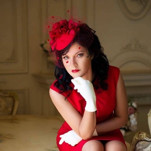 Red wedding headpiece/red veil fascinator/handmade derby hat/red derby hat/  Red Tea Party Hat/ Flowers Church/ Red fascinator