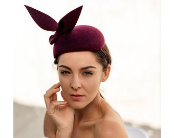 Burgundy Wool Felt Fascinator Hat with modern bow, Bordo Cocktail Pillbox Hat, Melbourne Royal Ascot Derby Fascinator Hat READY TO SHIP