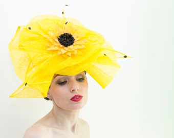 Fashion designer yellow sinamay royal ascot derby fascinator hat, race flowers hat READY TO SHIP