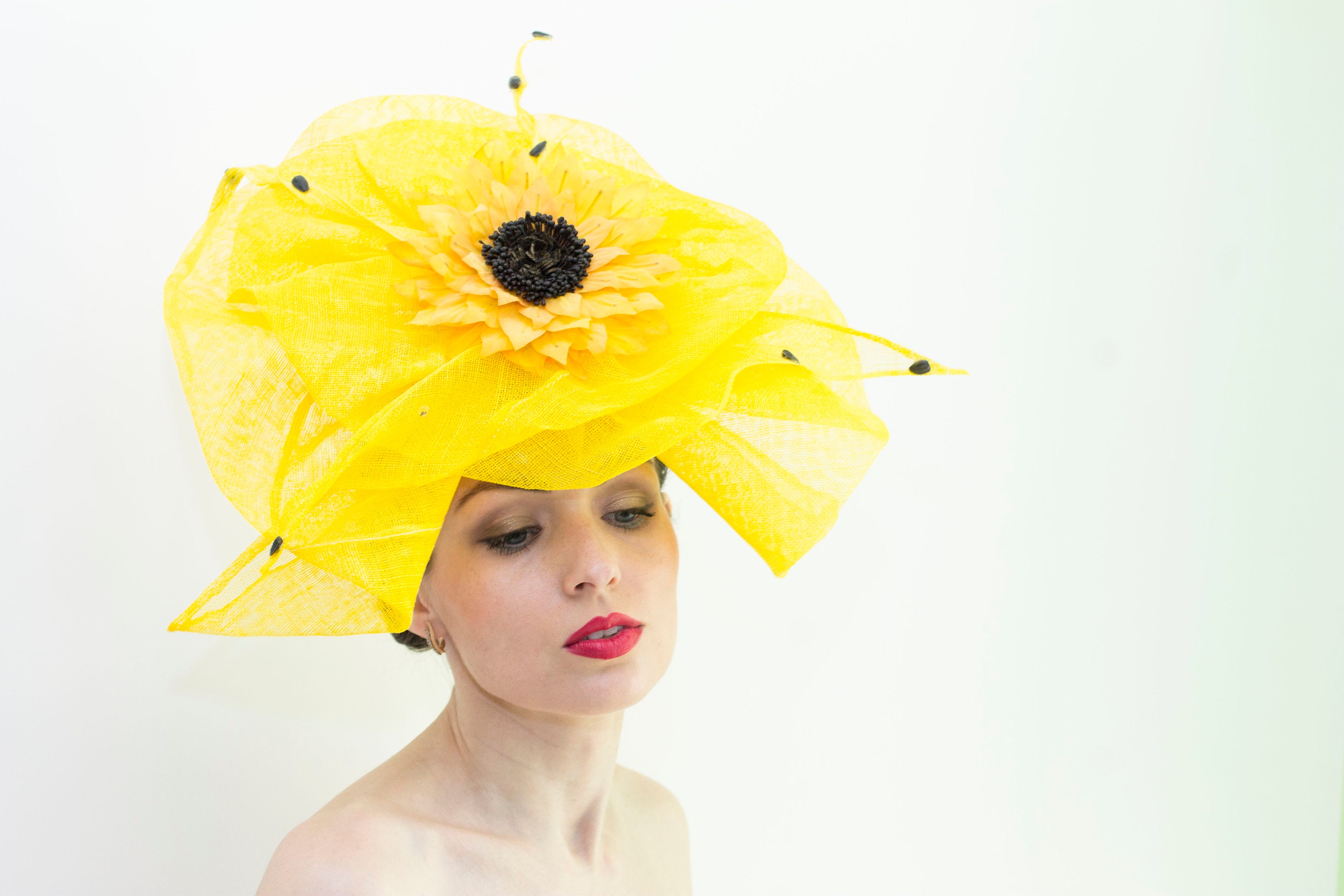 Yellow Sinamay Fascinator Hat: Royal Ascot Derby Race Flower  display picture 1