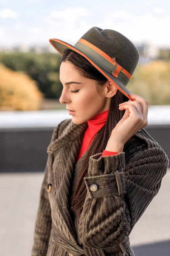 Dark Olive Wide Brim Fedora Hat Women 
