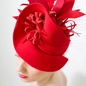 Fashion Designer Red Fascinator Hat with Birdcage Veil, Melbourne Royal Ascot Derby Fascinator Hat, evening party Dress hat READY TO SHIP image 2