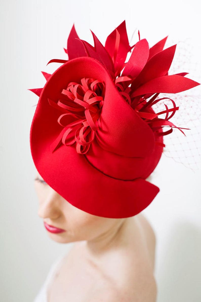 Fashion Designer Red Fascinator Hat with Birdcage Veil, Melbourne Royal Ascot Derby Fascinator Hat, evening party Dress hat READY TO SHIP image 2