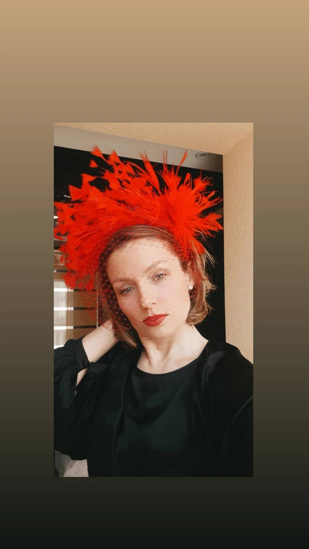 Red Feathers Veil Women Headband Fascinator, Kentucky Derby 