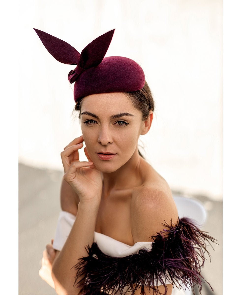 Burgundy Wool Felt Fascinator Hat: Modern Bow Pillbox, Royal  display picture 3