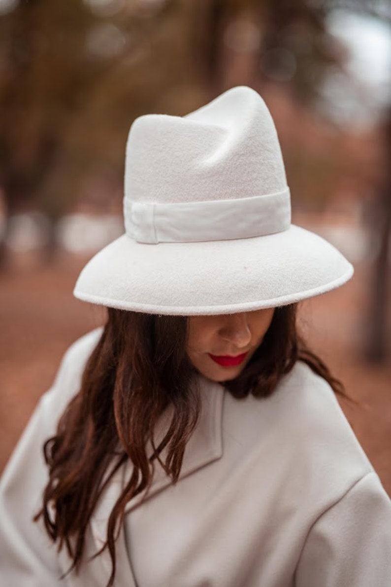 Ivory Millinery Couture Asymmetrical Crown Wide Brim Women Felt Fedora Hat, Elegant Ledies Velour hat READY to SHIP image 5