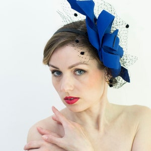 Fashion Designer Blue/Black Women Veil Fascinator Hat, Wedding Guest Fascinator, Evening Party Hair Headpiece, Derby Dress Hat READY to ship image 3