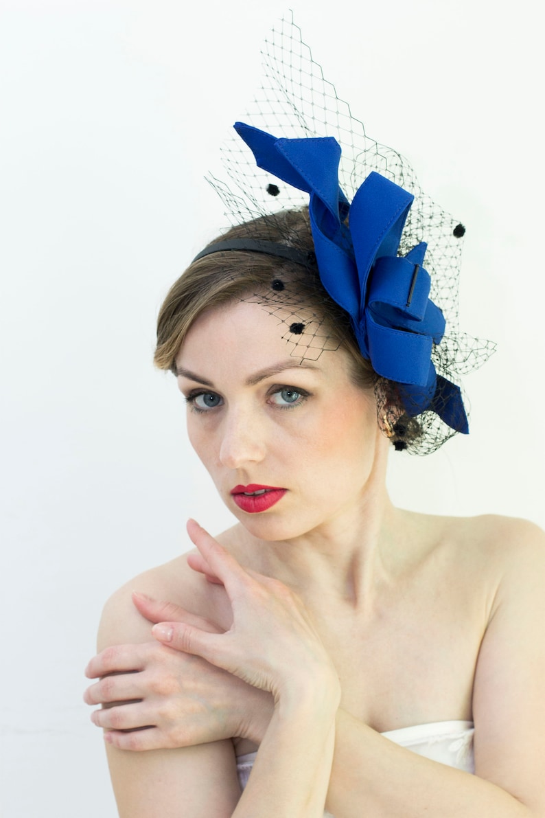 Fashion Designer Blue/Black Women Veil Fascinator Hat, Wedding Guest Fascinator, Evening Party Hair Headpiece, Derby Dress Hat READY to ship image 3