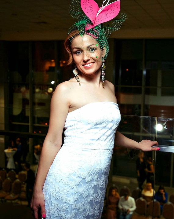 Pink & Green Fascinator Hat: Modern Birdcage Veil, Royal  display picture 1