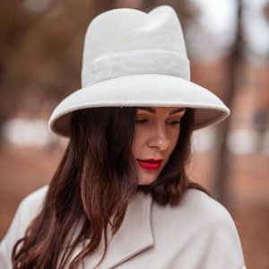 Ivory Millinery Couture Asymmetrical Crown Wide Brim Women Felt Fedora Hat, Elegant Ledies Velour hat READY to SHIP image 6