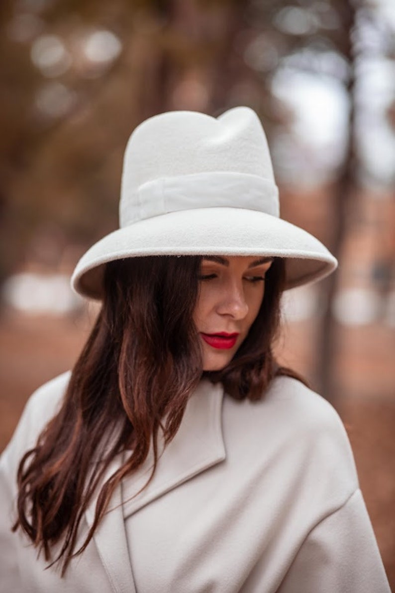 Ivory Millinery Couture Asymmetrical Crown Wide Brim Women Felt Fedora Hat, Elegant Ledies Velour hat READY to SHIP image 6