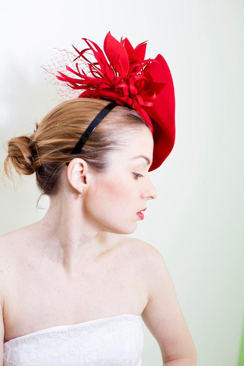 Fashion Designer Red Fascinator Hat with Birdcage Veil, Melbourne Royal Ascot Derby Fascinator Hat, evening party Dress hat READY TO SHIP image 5