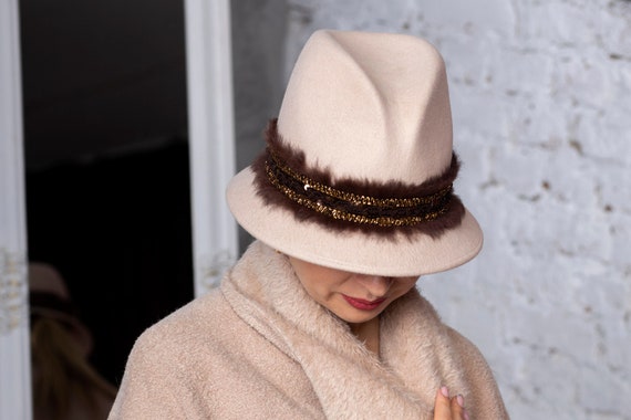 Elegant Cream Women\'s Fedora Hat The Stone | Cream Rabbit Fur Fedora Hat – Agnoulita Hats main image 2