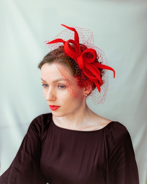 Red Wool Felt Fascinator Hat, Veil Bow Headpiece - Etsy display picture 2