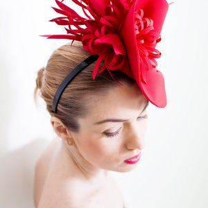 Fashion Designer Red Fascinator Hat with Birdcage Veil, Melbourne Royal Ascot Derby Fascinator Hat, evening party Dress hat READY TO SHIP image 4