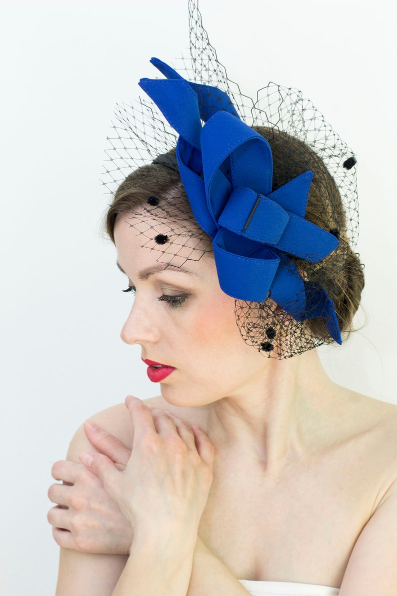 Fashion Designer Blue/Black Women Veil Fascinator Hat, Wedding Guest Fascinator, Evening Party Hair Headpiece, Derby Dress Hat READY to ship image 4