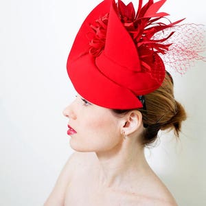Fashion Designer Red Fascinator Hat with Birdcage Veil, Melbourne Royal Ascot Derby Fascinator Hat, evening party Dress hat READY TO SHIP image 3