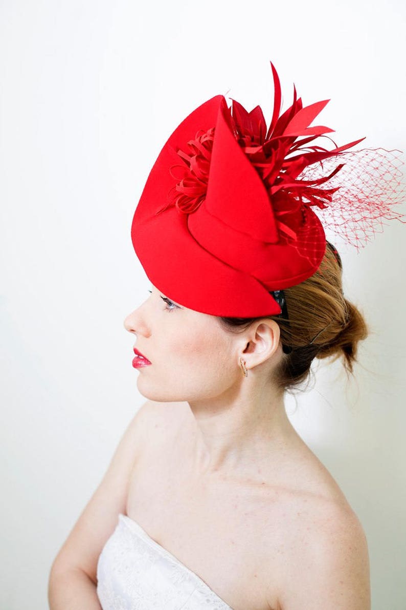 Fashion Designer Red Fascinator Hat with Birdcage Veil, Melbourne Royal Ascot Derby Fascinator Hat, evening party Dress hat READY TO SHIP image 3