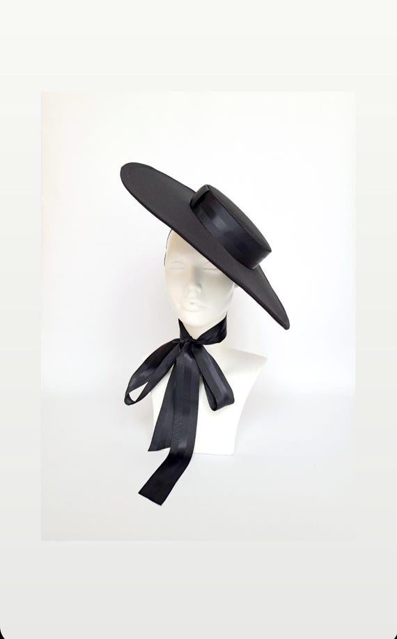 Black Wide Brim Boater Hat: Satin Canotier With Grosgrain Ribbon