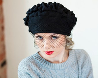 Black Wool  Warm French Winter Beret Hat with Veil, Womens Beret, Winter Hat Women's Gift Beret Hat