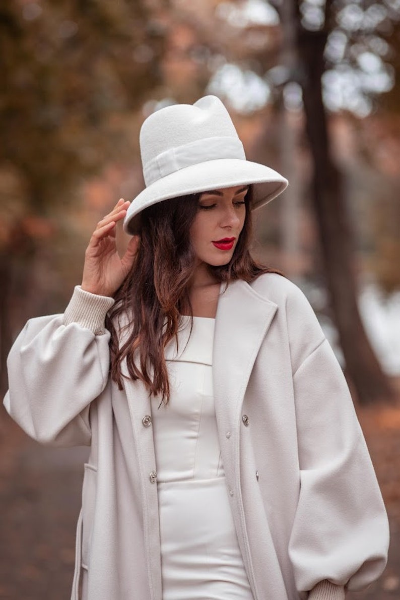 Ivory Millinery Couture Asymmetrical Crown Wide Brim Women Felt Fedora Hat, Elegant Ledies Velour hat READY to SHIP image 2